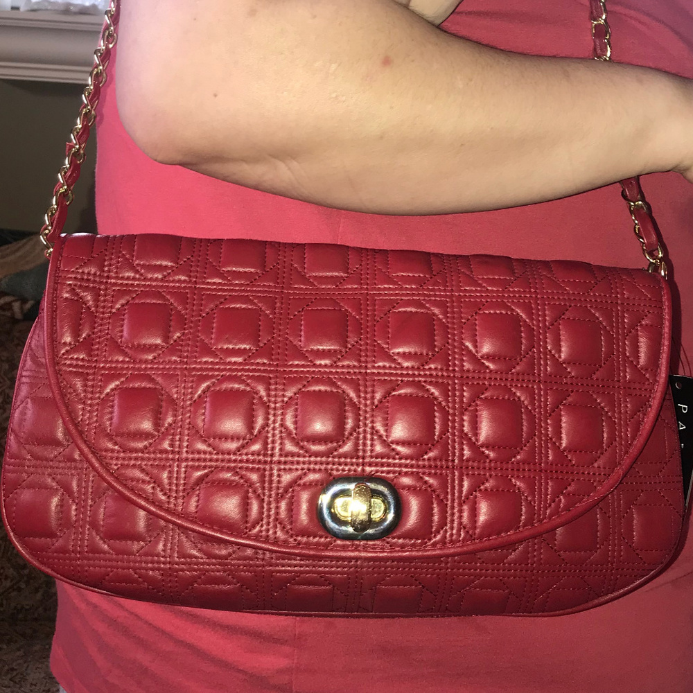 Red leather bag with long chain/leather strap